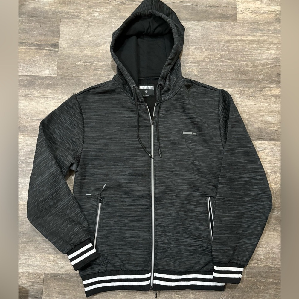 BRAND NEW WITH TAGS MENS ECRYPTED BLACK AND GRAY ZIP UP HOODIE SZ XL